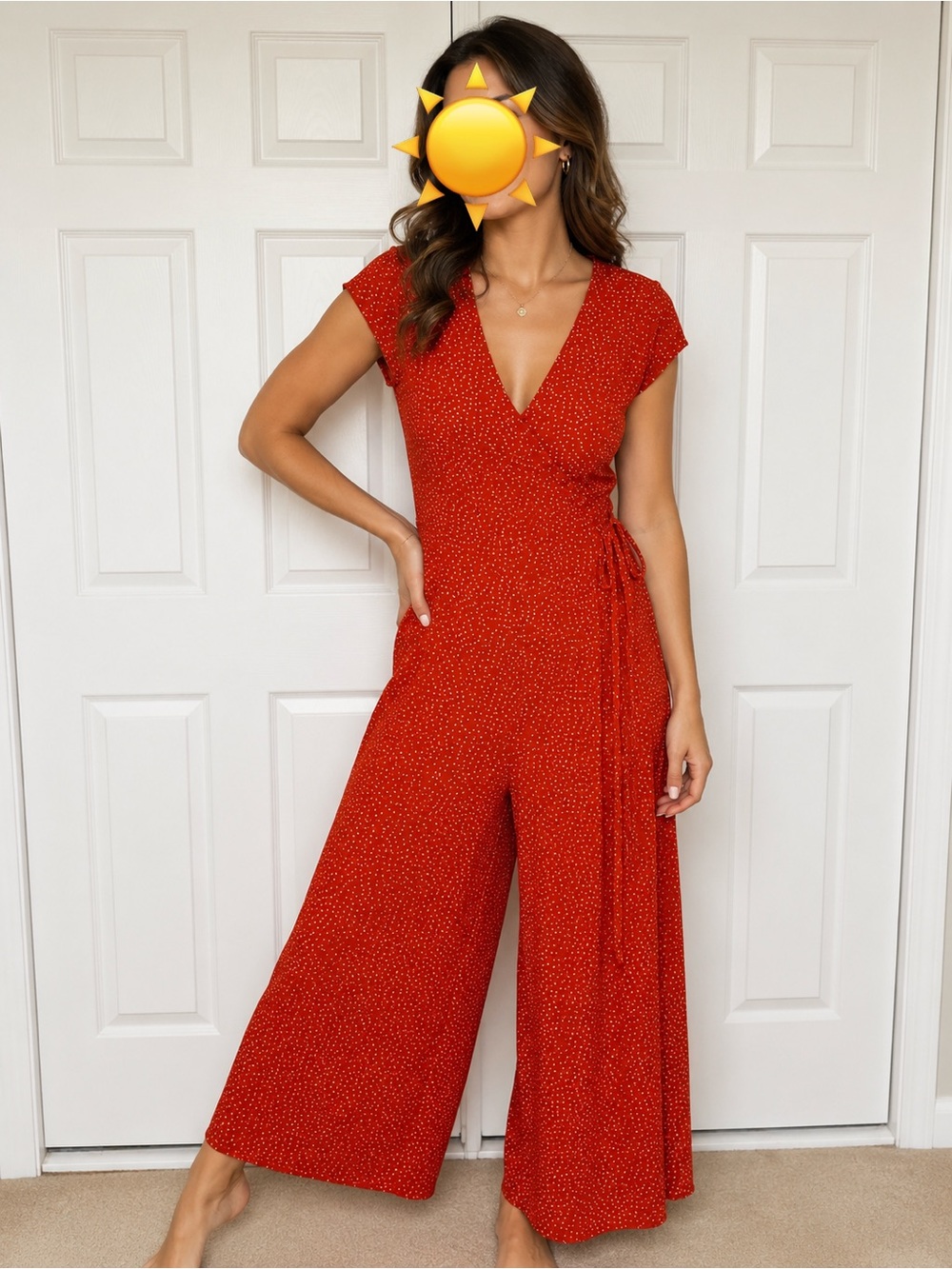 Abound Red Short-Sleeve Wrap Wide-Leg Jumpsuit